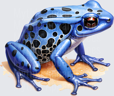 Blue Poison Dart Frog Watercolor with Black Spots and Red Eyes