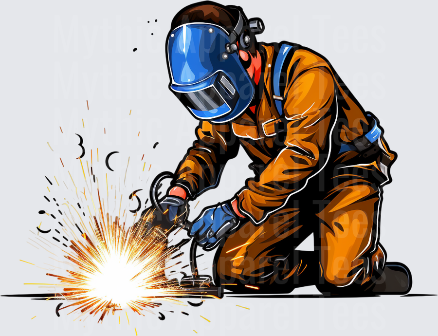 Kneeling Welder in Orange Suit Blue Helmet Throwing Sparks Bold Graphic Art
