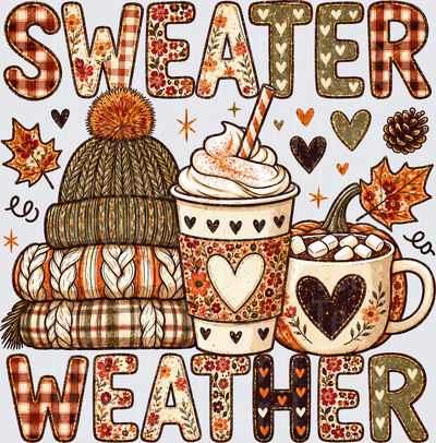 Fall Designs Sweater Weather Pom Pom Beanie Stacked Knit Sweaters Pumpkin Spice Latte Hot Cocoa Marshmallow Mug Autumn Leaves Pine Cone Plaid Floral Patterned Letters