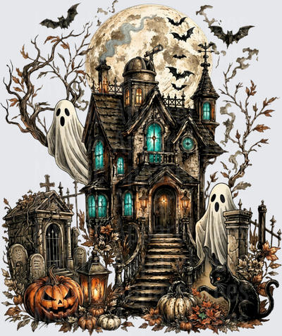 Victorian Haunted Mansion Full Moon Ghosts Bats Black Cat Jack-o-Lantern Graveyard Halloween Scene