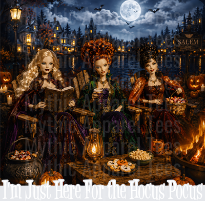 Hocus Pocus Sanderson Sisters Doll Style Halloween Salem 1692 Full Moon Witches Night Scene with Book of Spells Jack-o-Lanterns and Campfire