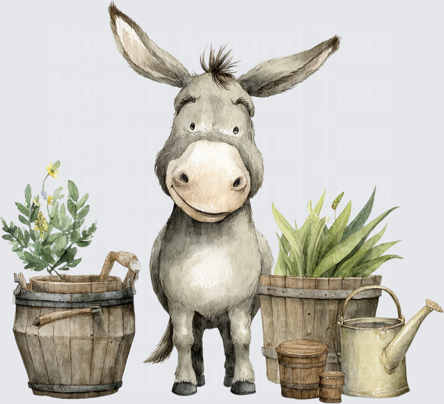 Smiling Watercolor Donkey Surrounded by Rustic Wooden Barrels Buckets and Potted Plants with Watering Can