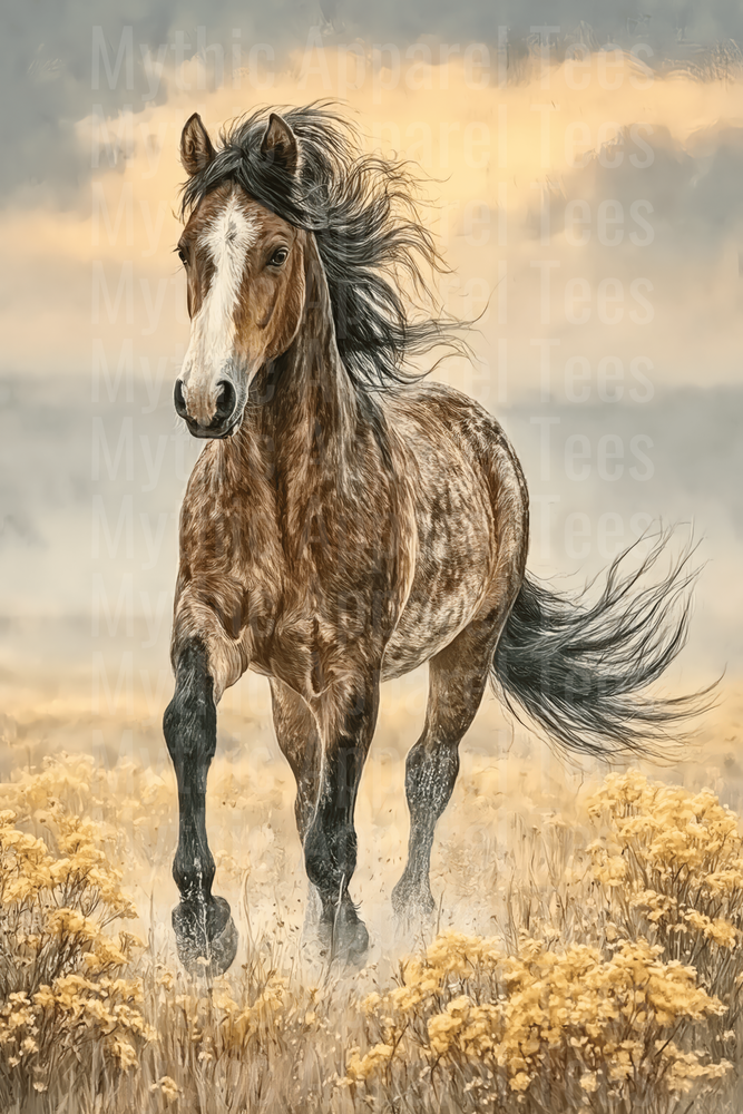 Wild Buckskin Dun Horse Running Through Golden Wildflower Field with Wind Blown Mane
