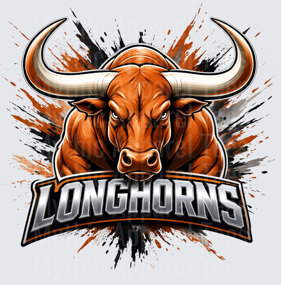Longhorns Fierce Orange Bull Mascot Logo with Grunge Splatter