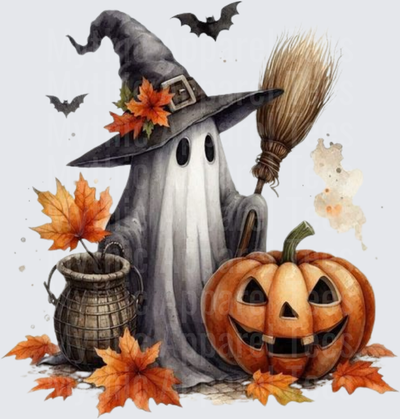 Halloween Gothic Witches Ghost with Broom Hat Pumpkin Bats Fall Leaves Watercolor