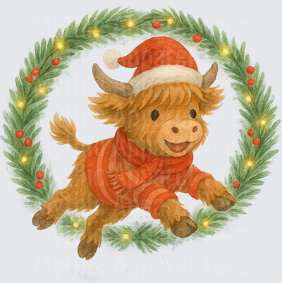 Highland Christmas Cow Jumping in Festive Wreath with Santa Hat and Red Scarf Watercolor