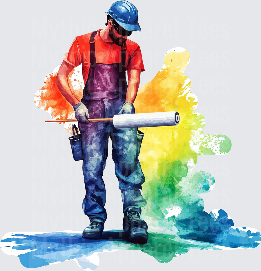 Watercolor Painter Worker Blue Hard Hat Paint Roller Rainbow Color Splash