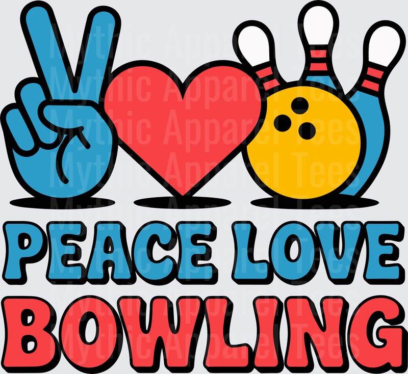 Bowling Peace Love Retro Bold Graphic with Pins and Ball