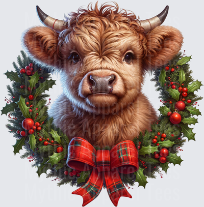 Highland Christmas Cow Wreath Holly Berries Tartan Bow