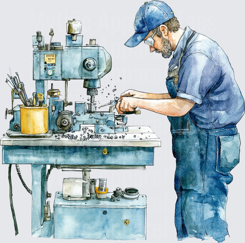 Watercolor Machinist Worker Operating Metal Lathe Mill with Safety Glasses and Blue Cap