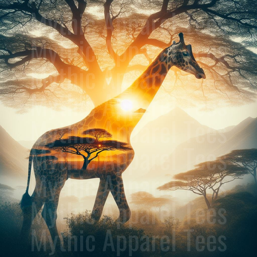 Giraffe Double Exposure African Savanna Sunset Acacia Trees Misty Mountain Landscape