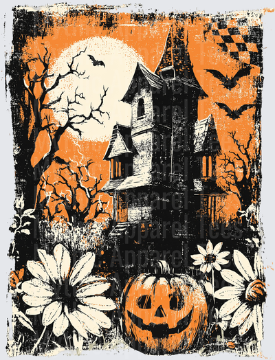 Distressed Halloween Haunted Victorian Mansion Jack-O-Lantern Full Moon Bats and Daisy Flowers Vintage Grunge Scene