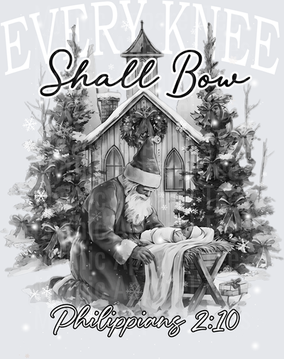 Shall Bow Philippians 2:10 Santa Kneeling at Baby Jesus Manger Nativity Church Grayscale Christmas