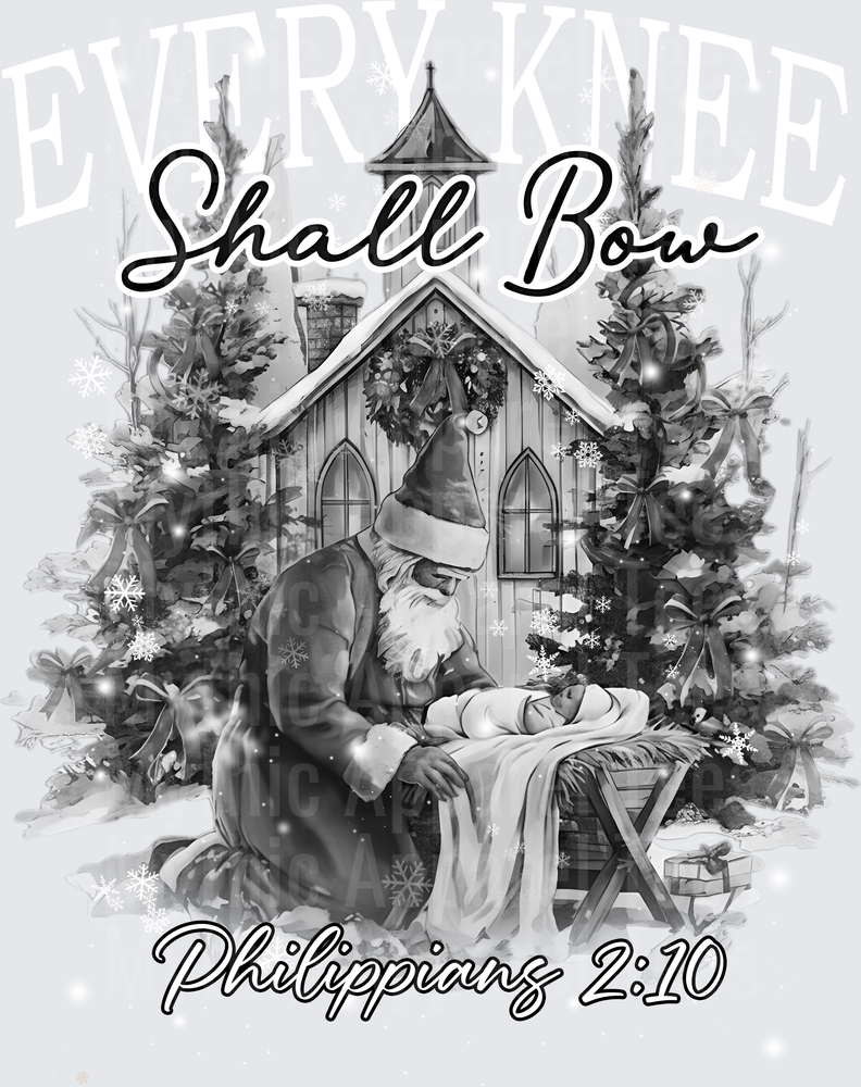 Shall Bow Philippians 2:10 Santa Kneeling at Baby Jesus Manger Nativity Church Grayscale Christmas