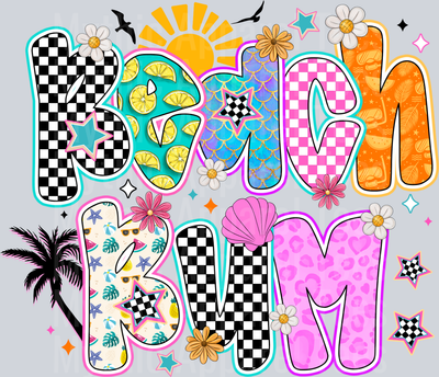 Beach Bum Checker and cute palm tree sun and birds DTF Summer Transfers