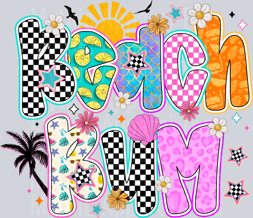 Beach Bum Checker and cute palm tree sun and birds DTF Summer Transfers