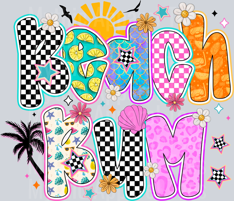 Beach Bum Checker and cute palm tree sun and birds DTF Summer Transfers