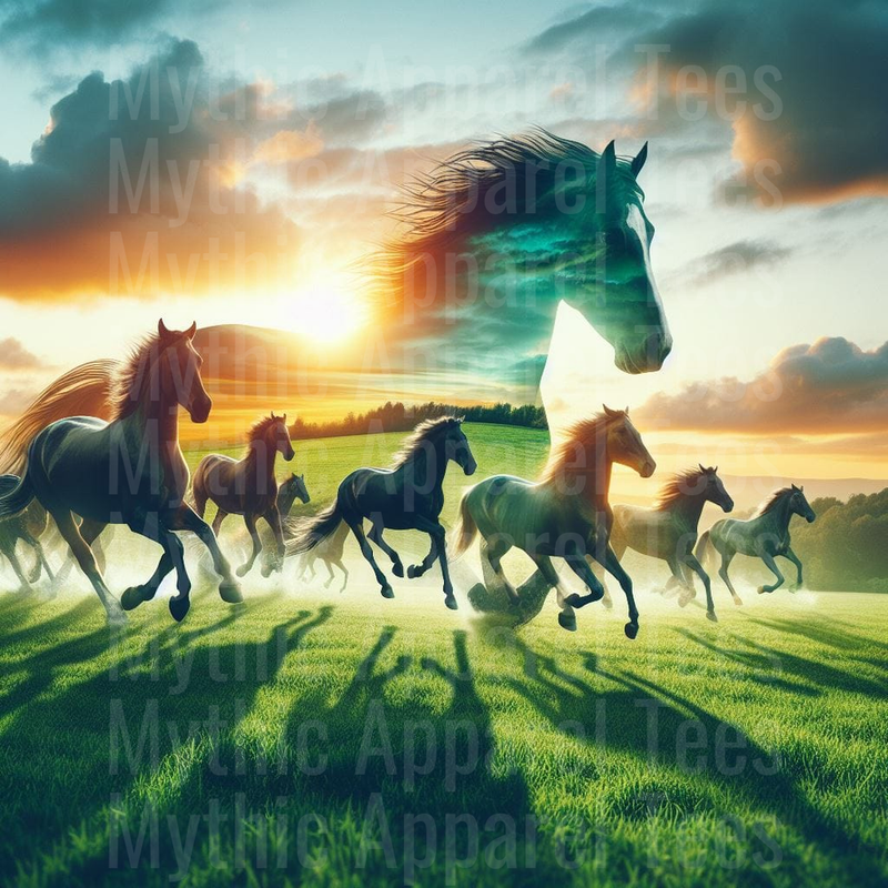 Wild Horse Herd Galloping Across Green Meadow at Sunset with Majestic Double Exposure Horse Portrait in Sky