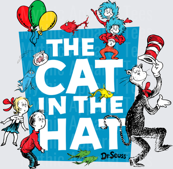Dr. Seuss The Cat in the Hat Characters Collage with Thing 1 Thing 2 and Colorful Balloons Blue Graphic