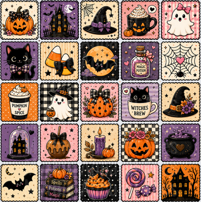 Cute Retro Halloween Stamp Collection Set With Pumpkins Ghosts Black Cats Witch Hats Magic Potions Bats Candy Corn Cauldron Spooky House Pumpkin Spice Witches Brew