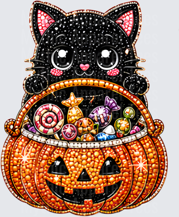 Halloween Bling Cute Black Cat Peering Over Jack-O-Lantern Pumpkin Bucket Filled With Colorful Candy Jeweled Rhinestone Diamond Art Style