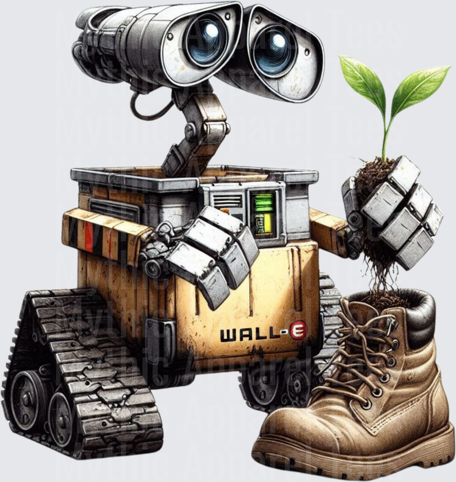 WALL-E Robot Holding Green Seedling Plant Growing From Boot Watercolor Illustration
