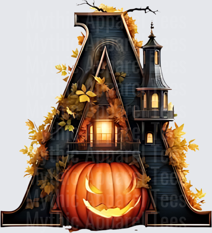 Halloween Letter A Haunted House with Jack-o-Lantern and Autumn Leaves