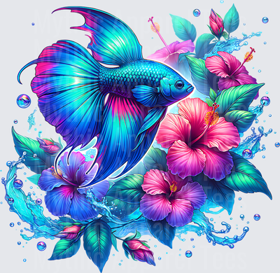 Ocean Animals Vibrant Betta Fish with Tropical Hibiscus Blooms and Water Splashes
