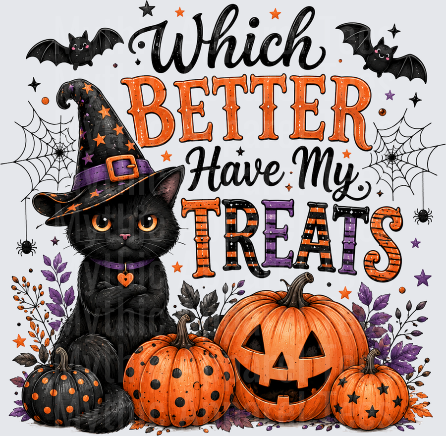 Grumpy Black Cat Witch Hat Which Better Have My Treats Halloween Pumpkin Jack-O-Lantern Bats Spider Web