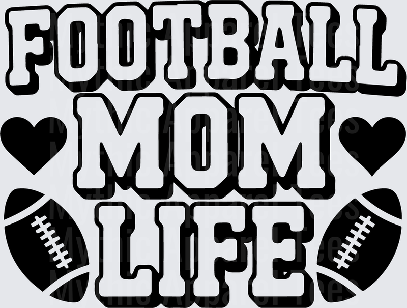 American Football Mom Life Bold Text with Hearts and Footballs