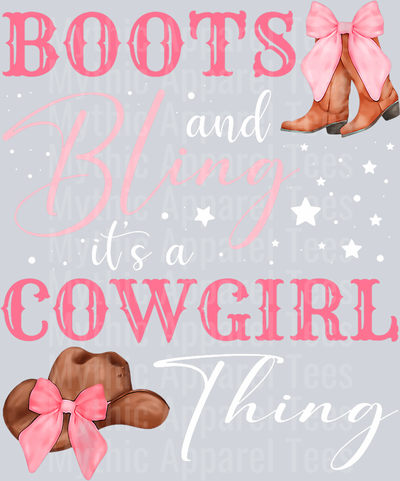 Boots and bling its a cowgirl thing Pink Bow Brown Boots DTF Western Girl Transfers