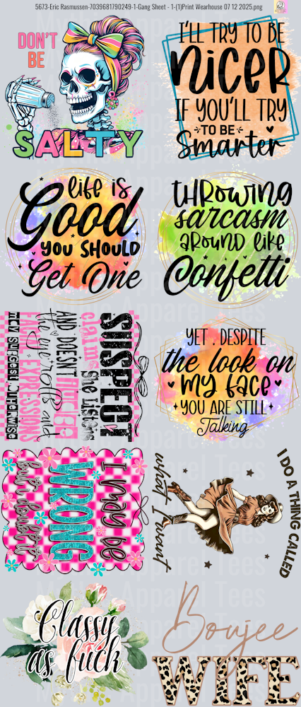 Funny Sayings GANG SHEET 10 FULL SIZE IMAGES