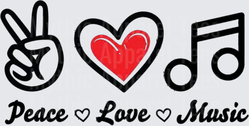 Peace Love Music Icons with Hand Sign Heart and Musical Note Script Design