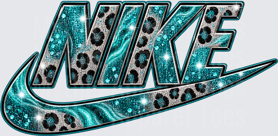 Nike Teal Glitter Cheetah Print Swoosh Logo with Silver Diamond Sparkle Effect