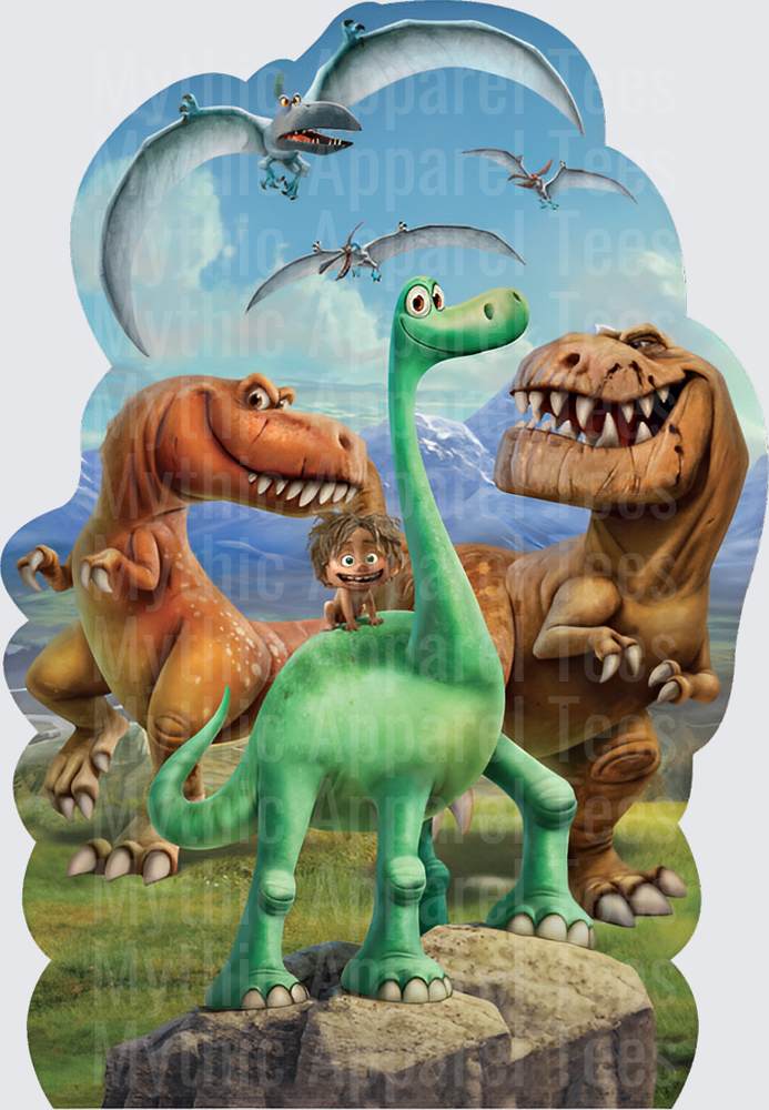 The Good Dinosaur Arlo Spot and T-Rex Ranchers Group Scene with Pterodactyls Flying Overhead