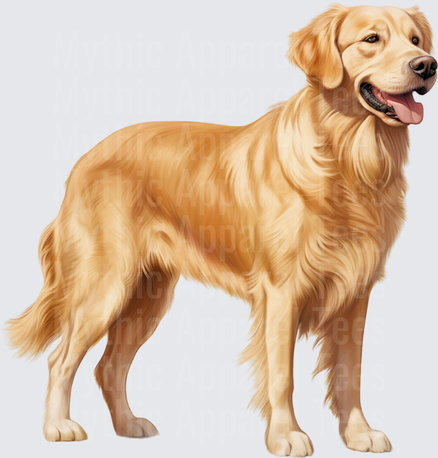 Realistic Golden Retriever Standing Portrait with Happy Expression and Flowing Coat