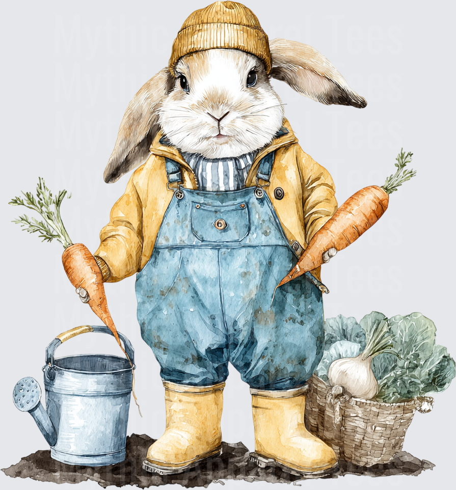 Watercolor Farmer Bunny In Overalls Holding Carrots With Garden Basket And Watering Can