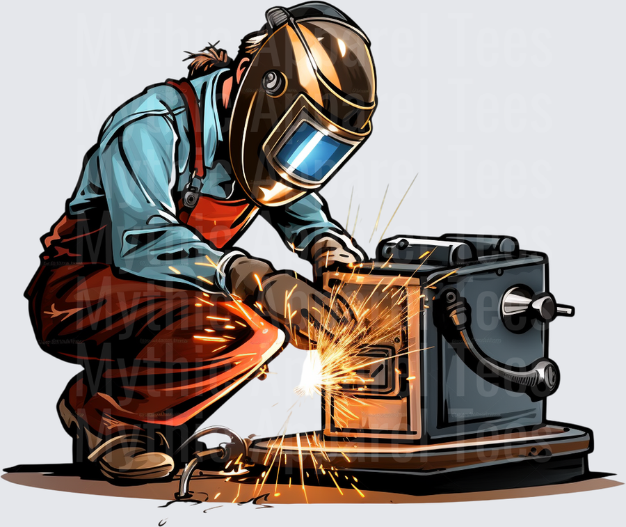 Welder In Helmet And Red Apron With Flying Sparks Comic Art Style
