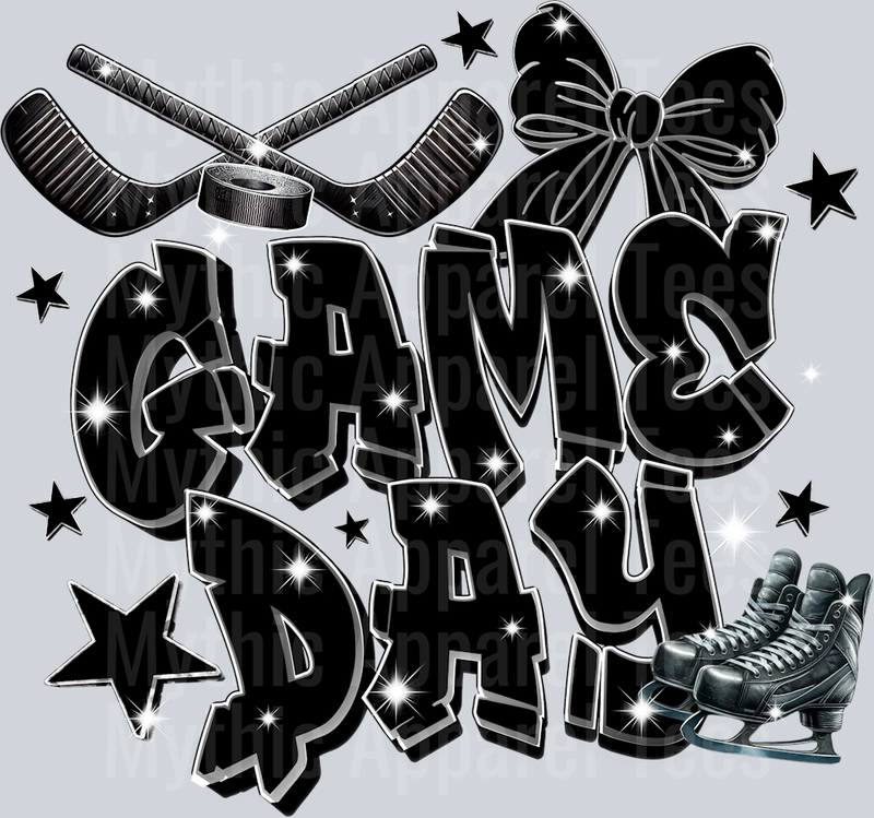 Game Day Jet black Hockey with skates and sticks cute DTF Sports Transfers
