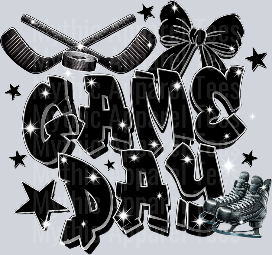 Game Day Jet black Hockey with skates and sticks cute DTF Sports Transfers