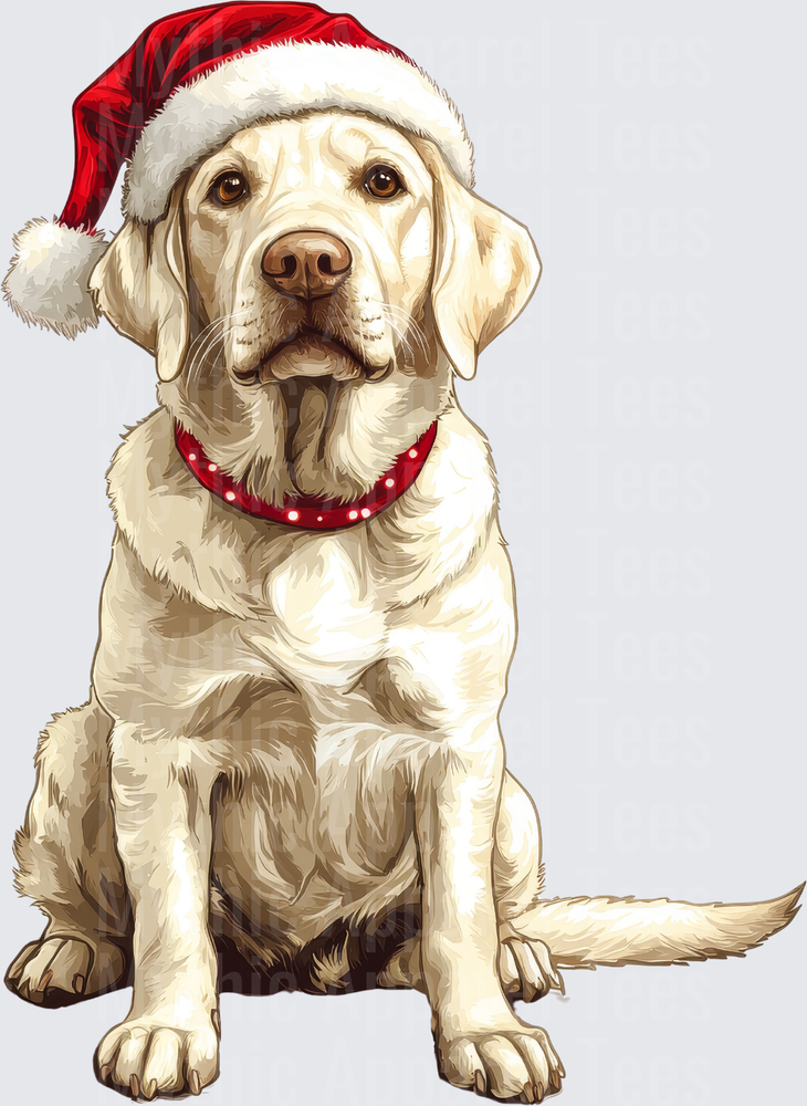 Yellow Labrador Retriever Wearing Santa Hat and Red Holiday Collar Sitting