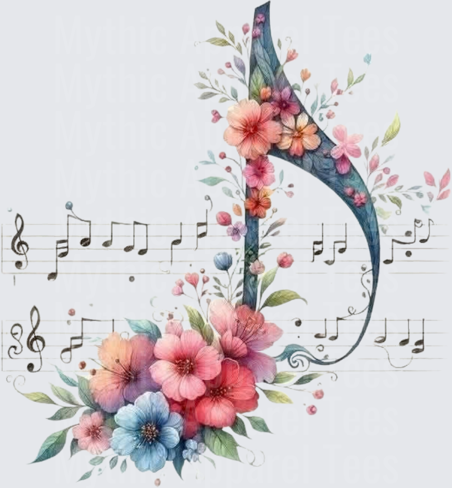 Floral Watercolor Music Note with Sheet Music Staff and Wildflower Bouquet