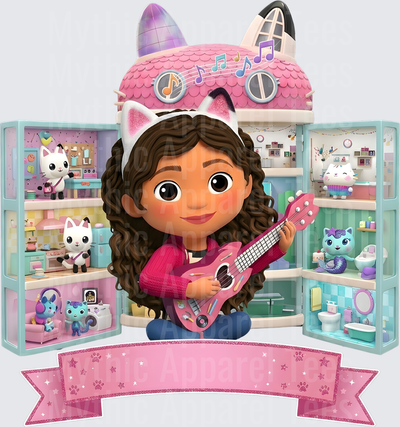 Gabby's Doll House Gabby Playing Guitar with Cat Friends Pink Banner