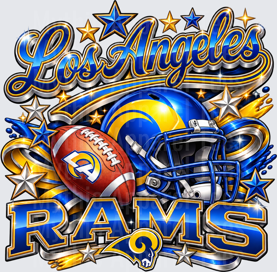 Gradient Polished Style NFL Los Angeles Rams Bold Script Helmet Football Stars Blue Gold Silver Glam Fan Design