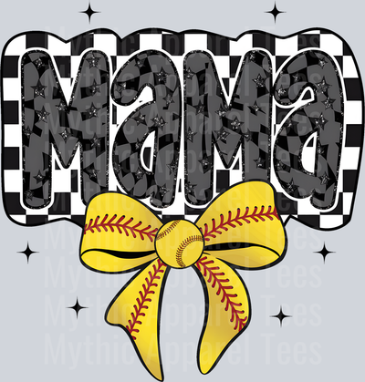 mama softball checkers yellow bow with red stitch black print DTF Softball Transfers