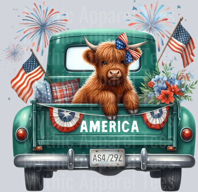 Teal Green Truck with 2 American Flags and Flowers DTF Patriotic Highland Cow Transfers