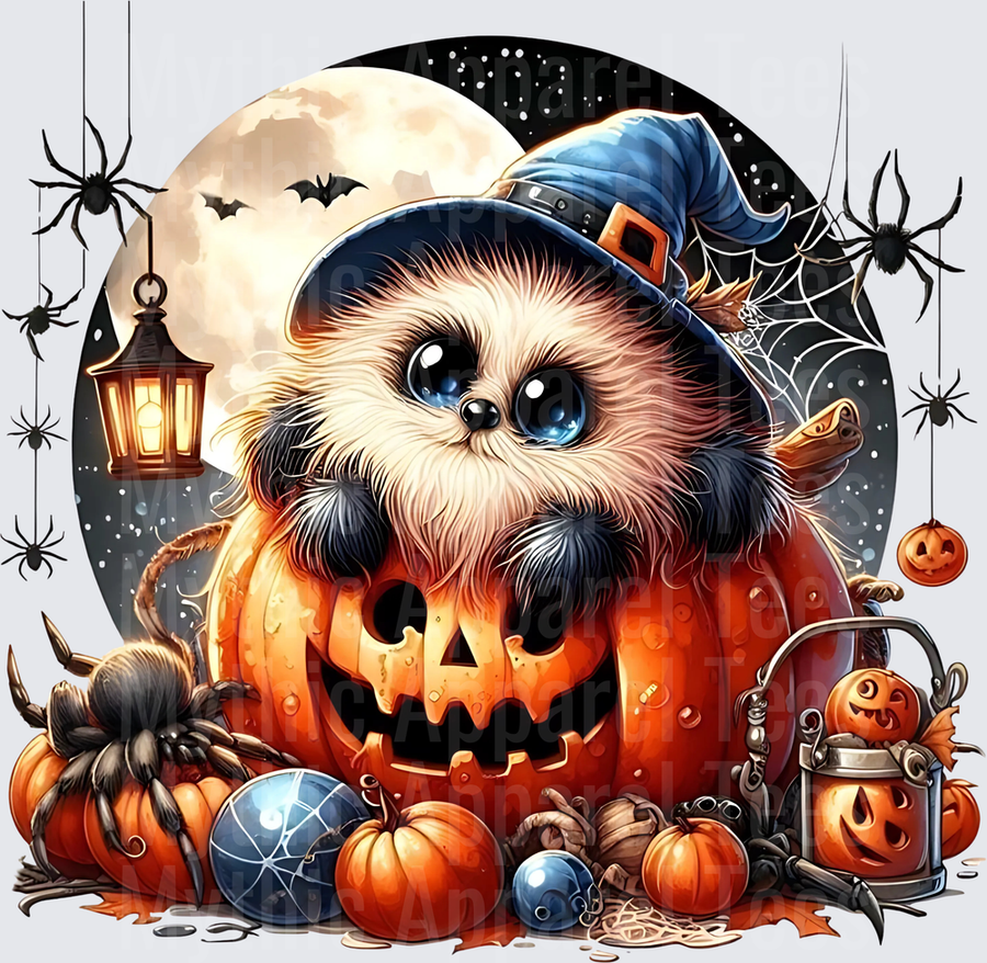 Cute Hedgehog Witch Hat Jack-O-Lantern Full Moon Spiders Lantern Halloween Scene
