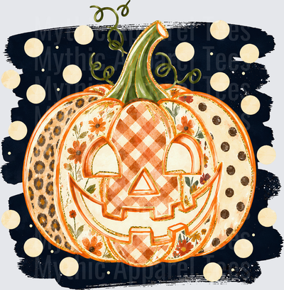Fall Designs Patchwork Jack-O-Lantern with Buffalo Plaid Floral Leopard and Polka Dot Sections on Dark Navy Brushstroke Background