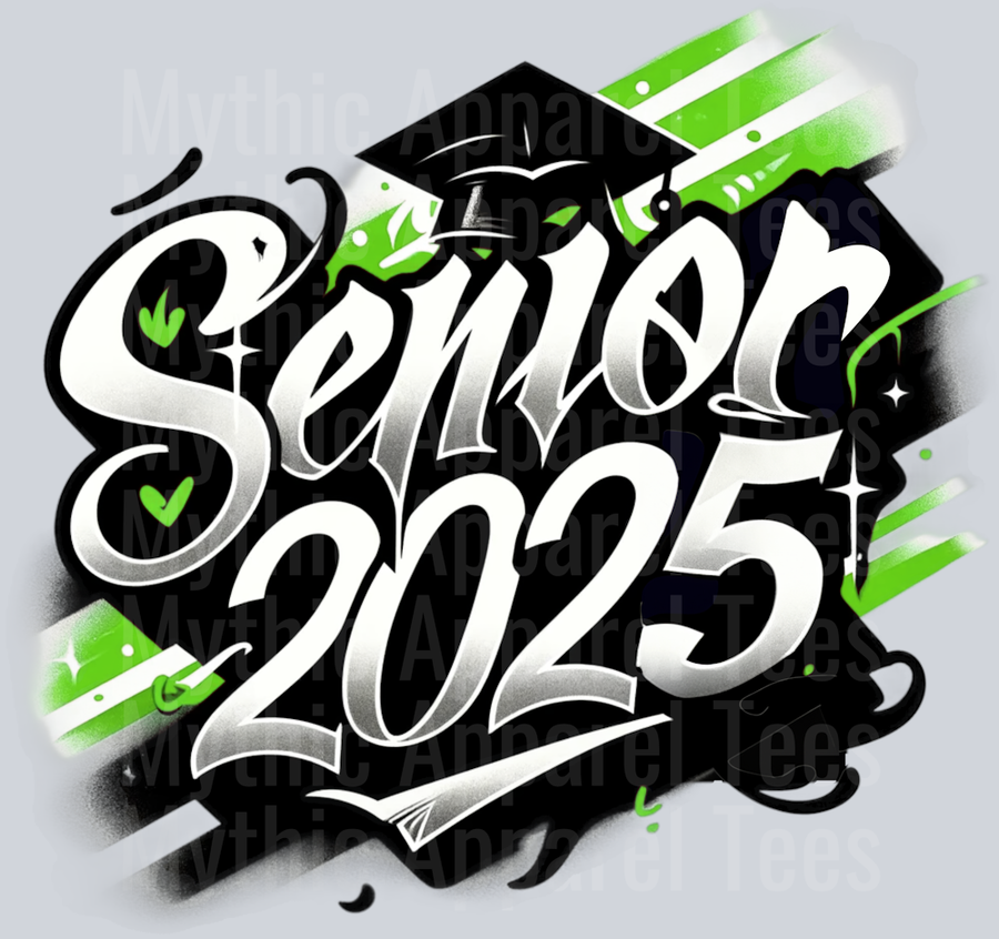 0022 Senior 2025 Airbrushed Green and Black DTF 2025 Senior Graduation Transfers