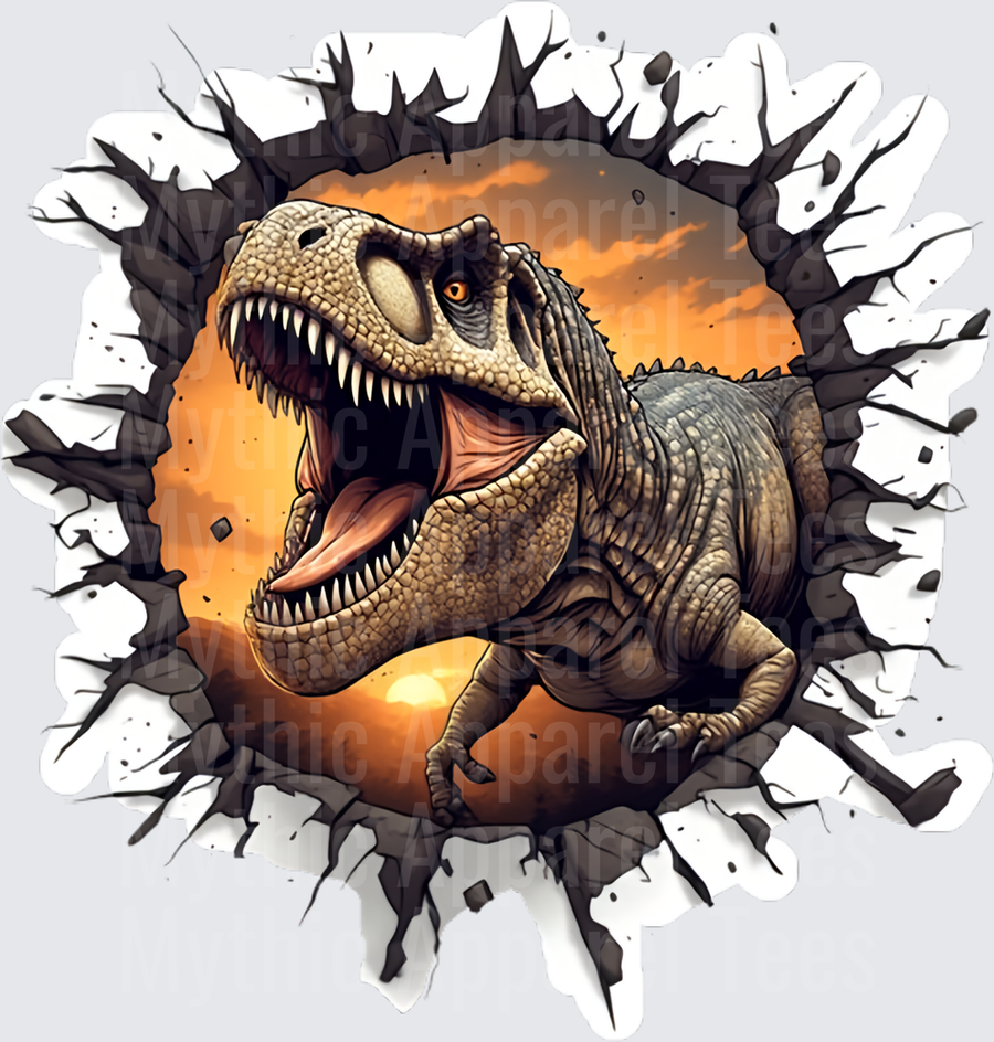 Ferocious T-Rex Bursting Through Cracked Wall Sunset Background Jurassic Dinosaur